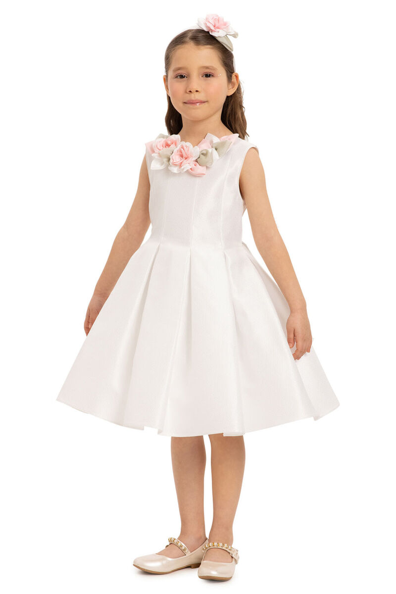 Ecru Girls Dress with Hair Accessory 3-7 AGE 35425PR - 5