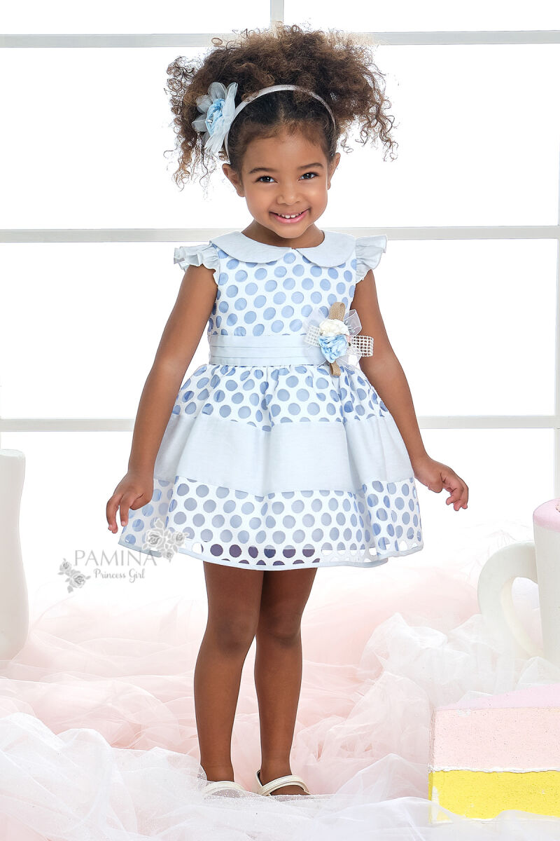 Blue Baby Girl Polka-Dot Organza Fabric Linen Fabric Detailed Dress 9-36 MONTH 31044PR - 1