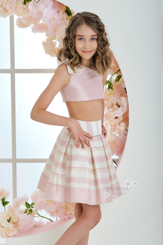 Powder Girl Striped Linen Fabric Suit With Skirt And Bustier 6-10 AGE 31034PR 