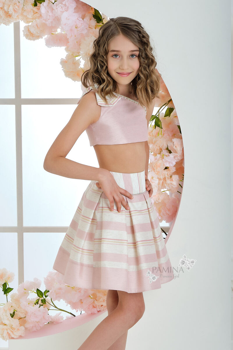 Powder Girl Striped Linen Fabric Suit With Skirt And Bustier 6-10 AGE 31034PR - 1