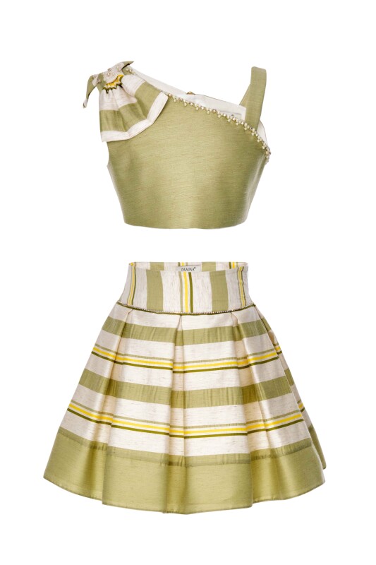 Green Girl Striped Linen Fabric Suit With Skirt And Bustier 6-10 AGE 31034PR 