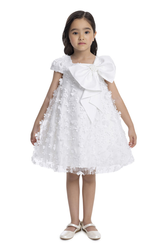 Ecru Girl's Dress with Bow 3-7 AGE 34003PR 