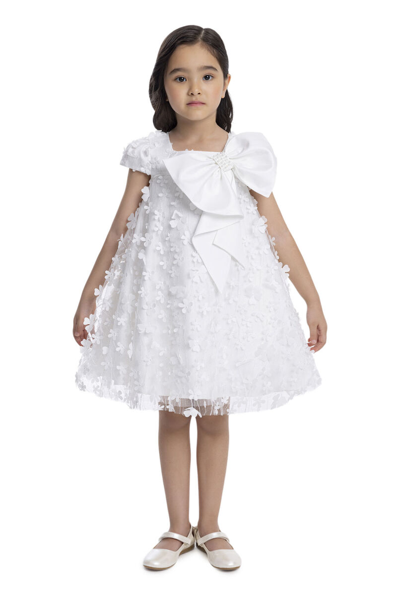 Ecru Girl's Dress with Bow 3-7 AGE 34003PR - 1