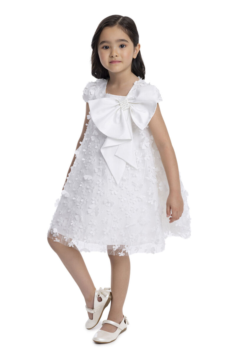 Ecru Girl's Dress with Bow 3-7 AGE 34003PR - 3