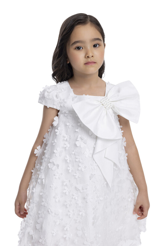 Ecru Girl's Dress with Bow 3-7 AGE 34003PR - 4
