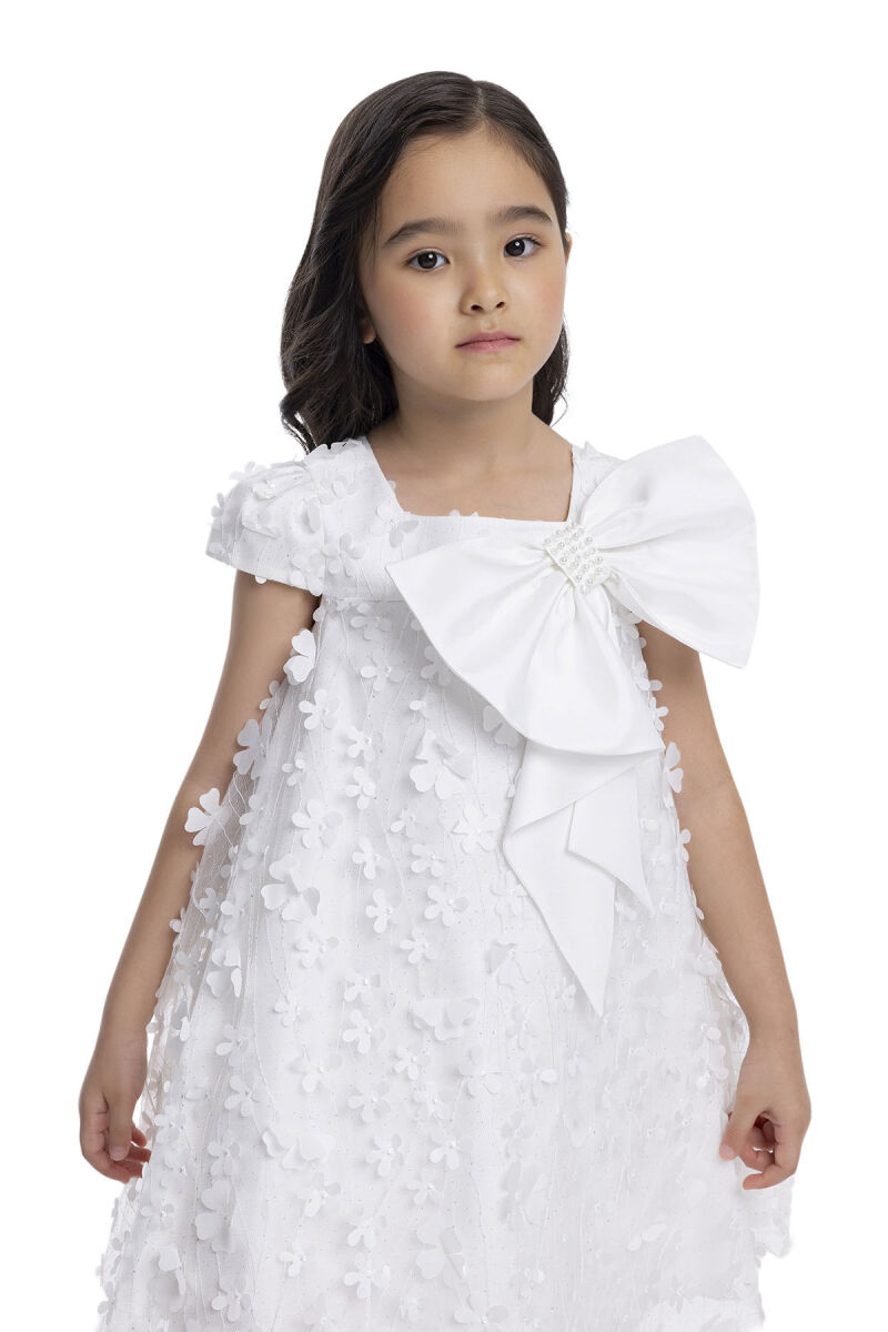 Ecru Girl's Dress with Bow 3-7 AGE 34003PR - 4