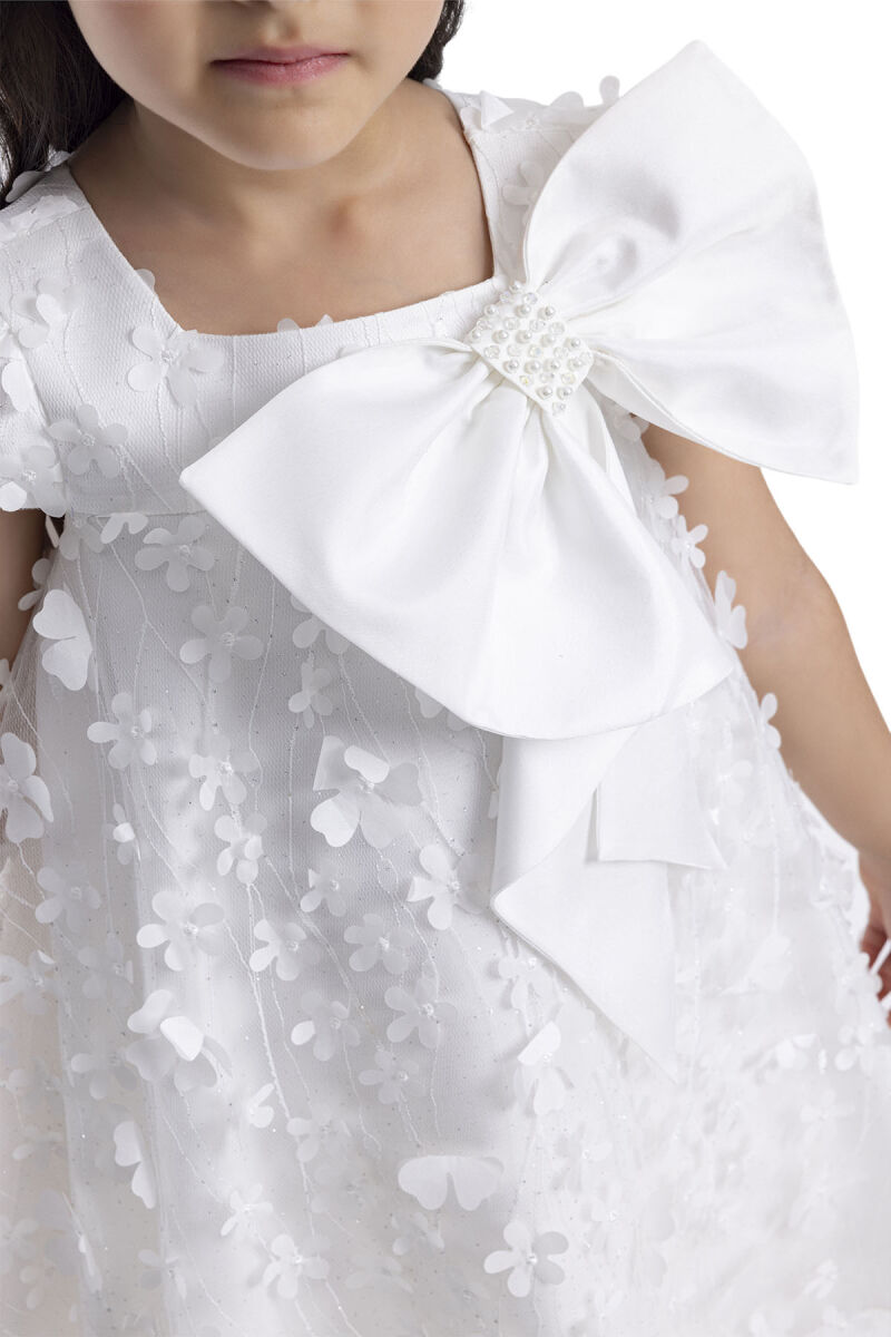 Ecru Girl's Dress with Bow 3-7 AGE 34003PR - 5