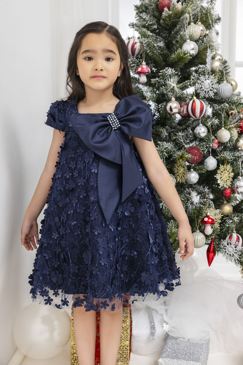 Navy Girl's Dress with Bow 3-7 AGE 34003PR - 1