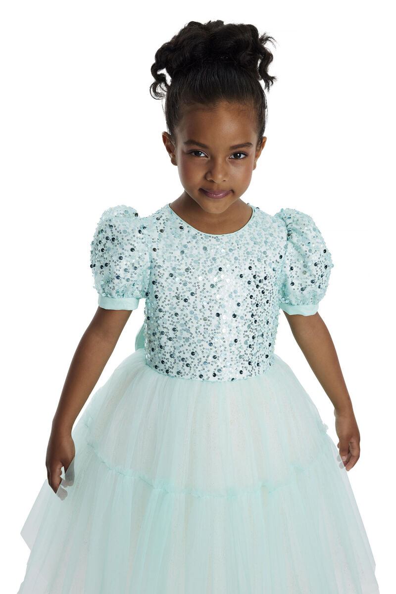 Mint Puff Sleeve Girl's Dress 3-7 AGE 34052PR - 4