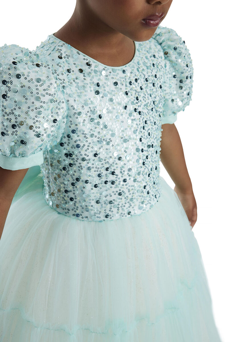 Mint Puff Sleeve Girl's Dress 3-7 AGE 34052PR - 5