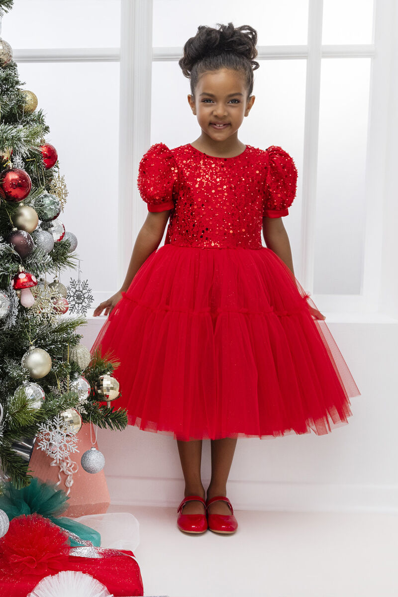 Red Puff Sleeve Girl's Dress 3-7 AGE 34052PR - 1