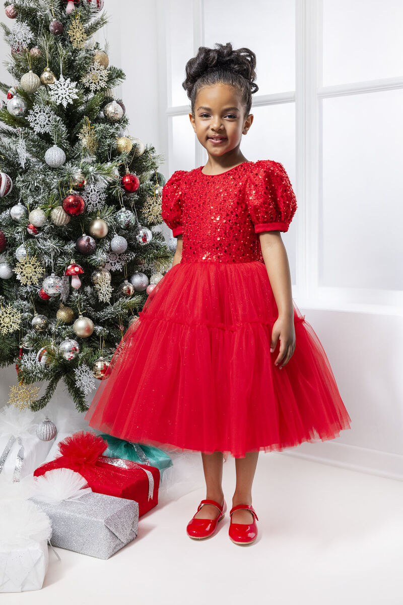 Red Puff Sleeve Girl's Dress 3-7 AGE 34052PR - 3