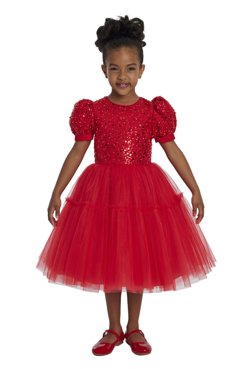 Red Puff Sleeve Girl's Dress 3-7 AGE 34052PR - 4