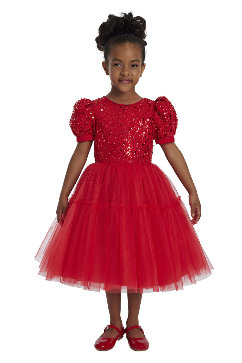 Red Puff Sleeve Girl's Dress 3-7 AGE 34052PR - 5