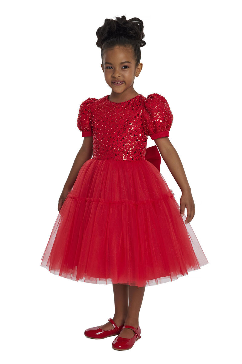 Red Puff Sleeve Girl's Dress 3-7 AGE 34052PR - 6