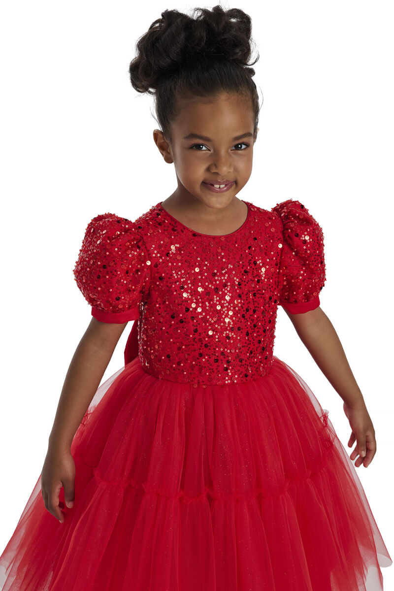 Red Puff Sleeve Girl's Dress 3-7 AGE 34052PR - 7