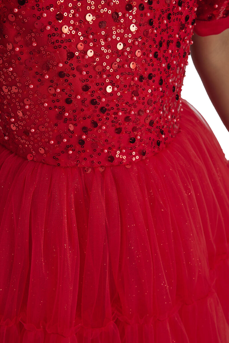 Red Puff Sleeve Girl's Dress 3-7 AGE 34052PR - 8