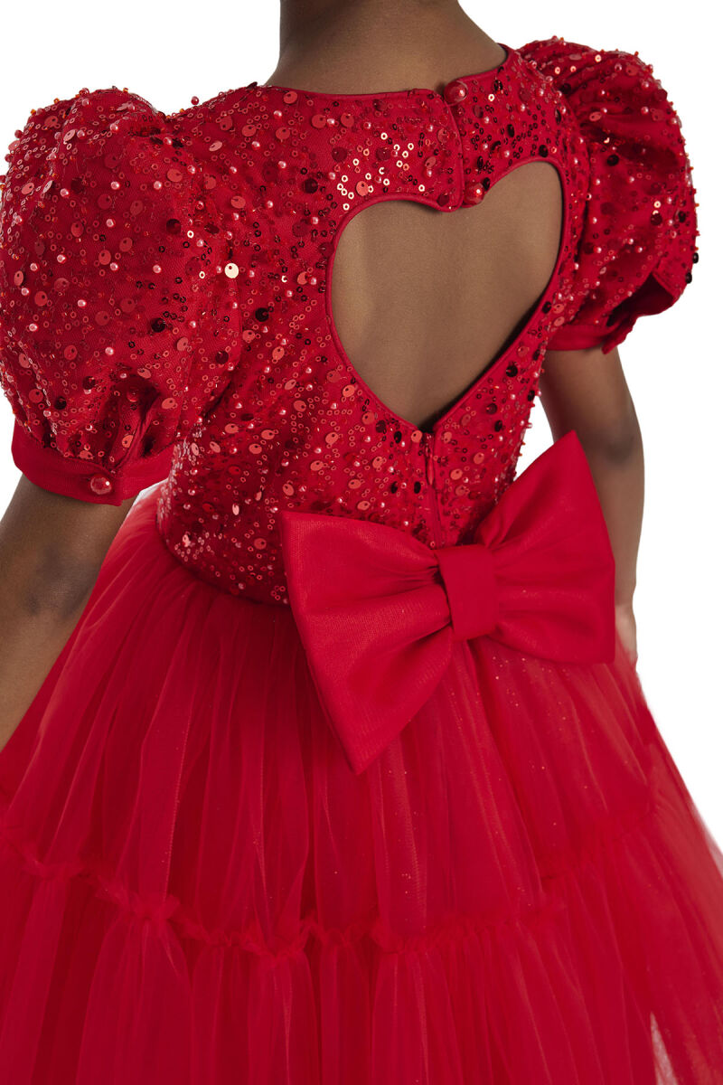 Red Puff Sleeve Girl's Dress 3-7 AGE 34052PR - 10