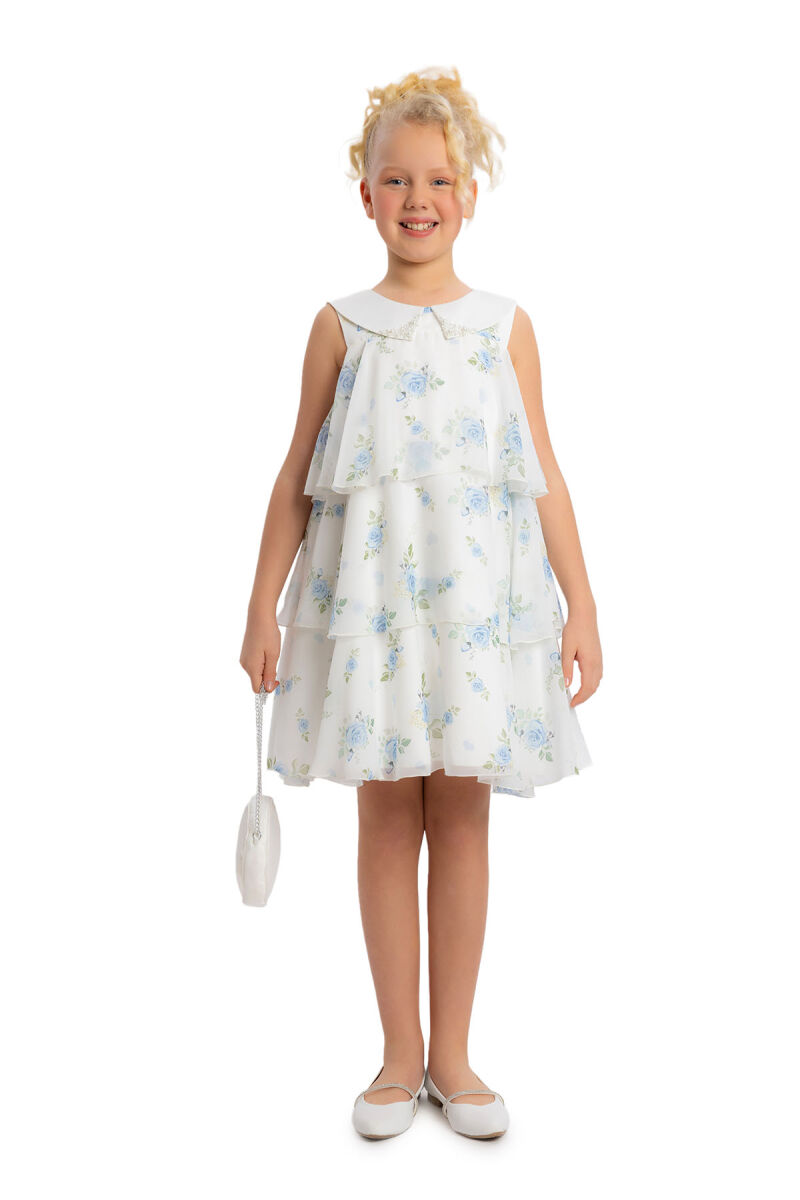 Blue Girls Chiffon Dress with Rose Print 8-12 AGE 34344PR - 2