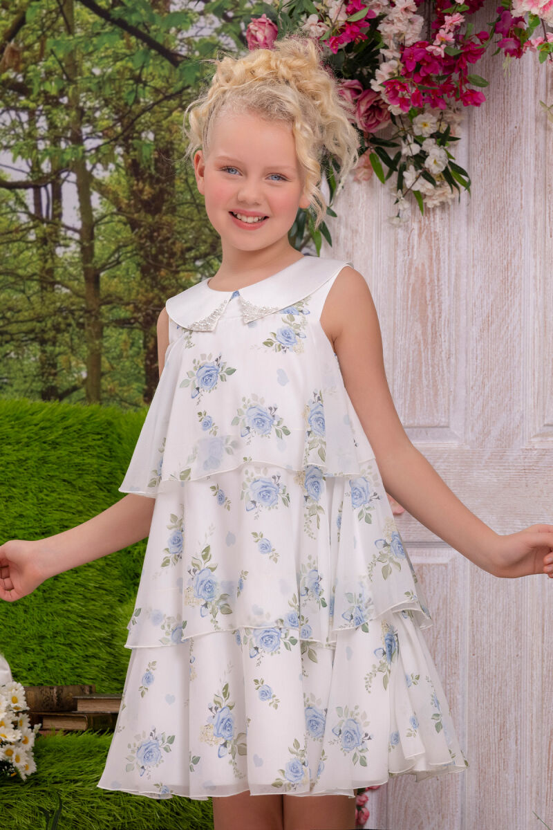 Blue Girls Chiffon Dress with Rose Print 8-12 AGE 34344PR - 8