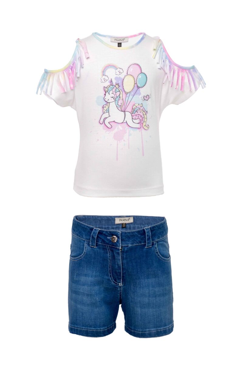Ecru Girl Suit With Unicorn Printed T-shirt And Jean Shorts 2-6 AGE 312309CA - 1