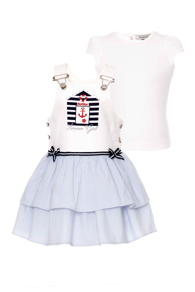 Blue Baby Girl Bib And Brace Overall With Striped Fabric Multilayer Skirt 9-36 MONTH 310203CA - 1