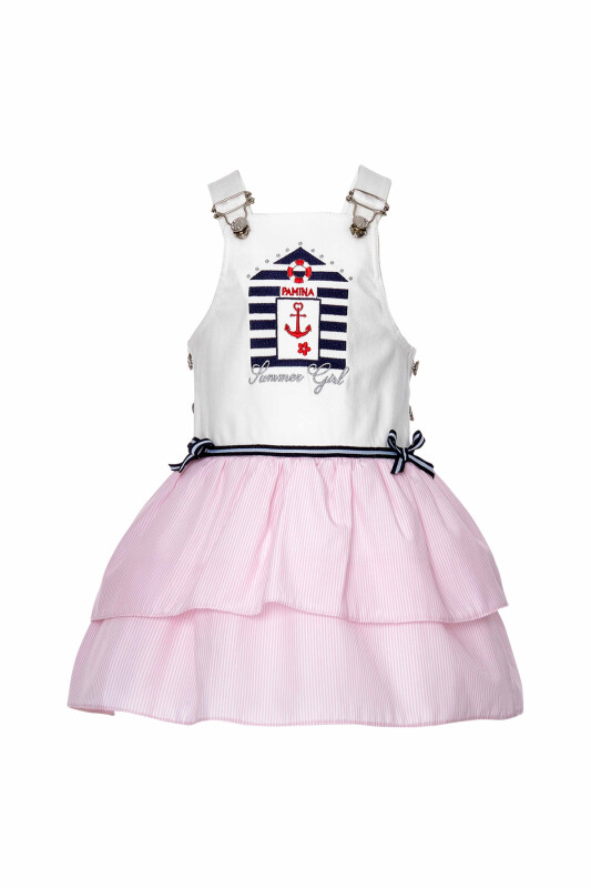 Pink Baby Girl Bib And Brace Overall With Striped Fabric Multilayer Skirt 9-36 MONTH 310203CA 