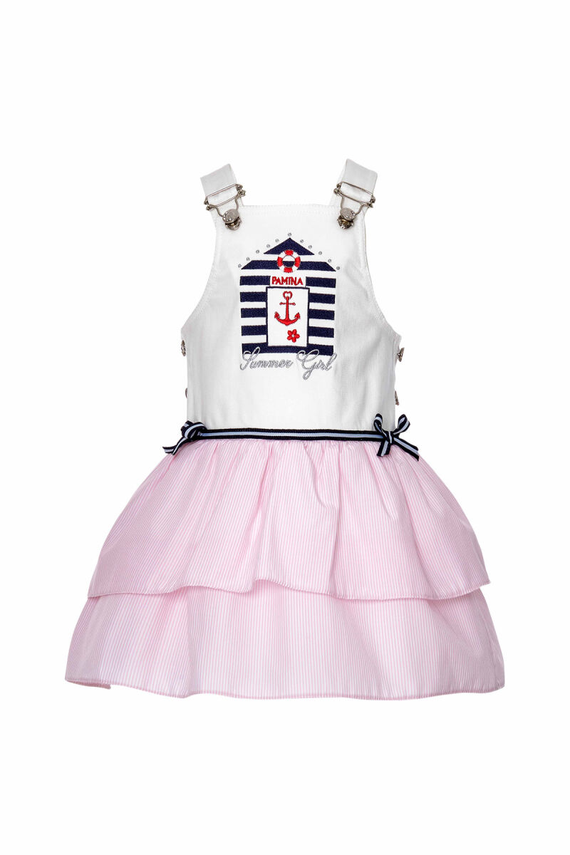 Pink Baby Girl Bib And Brace Overall With Striped Fabric Multilayer Skirt 9-36 MONTH 310203CA - 1