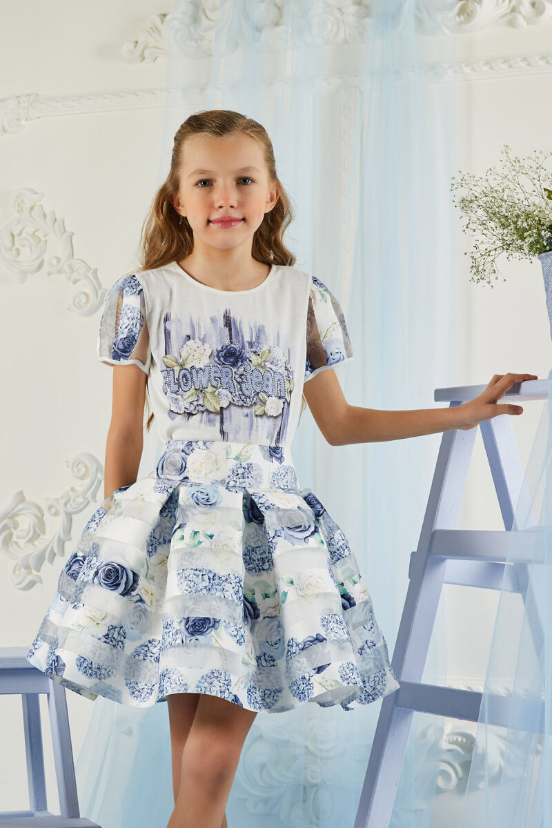 Blue Girl Floral Skirt T-shirt Suit 8-12 AGE 324204CA - 1