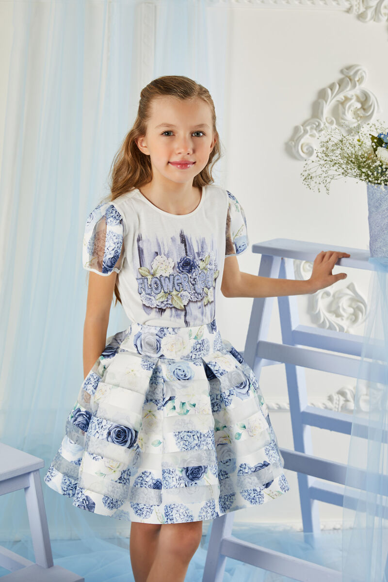 Blue Girl Floral Skirt T-shirt Suit 8-12 AGE 324204CA - 3