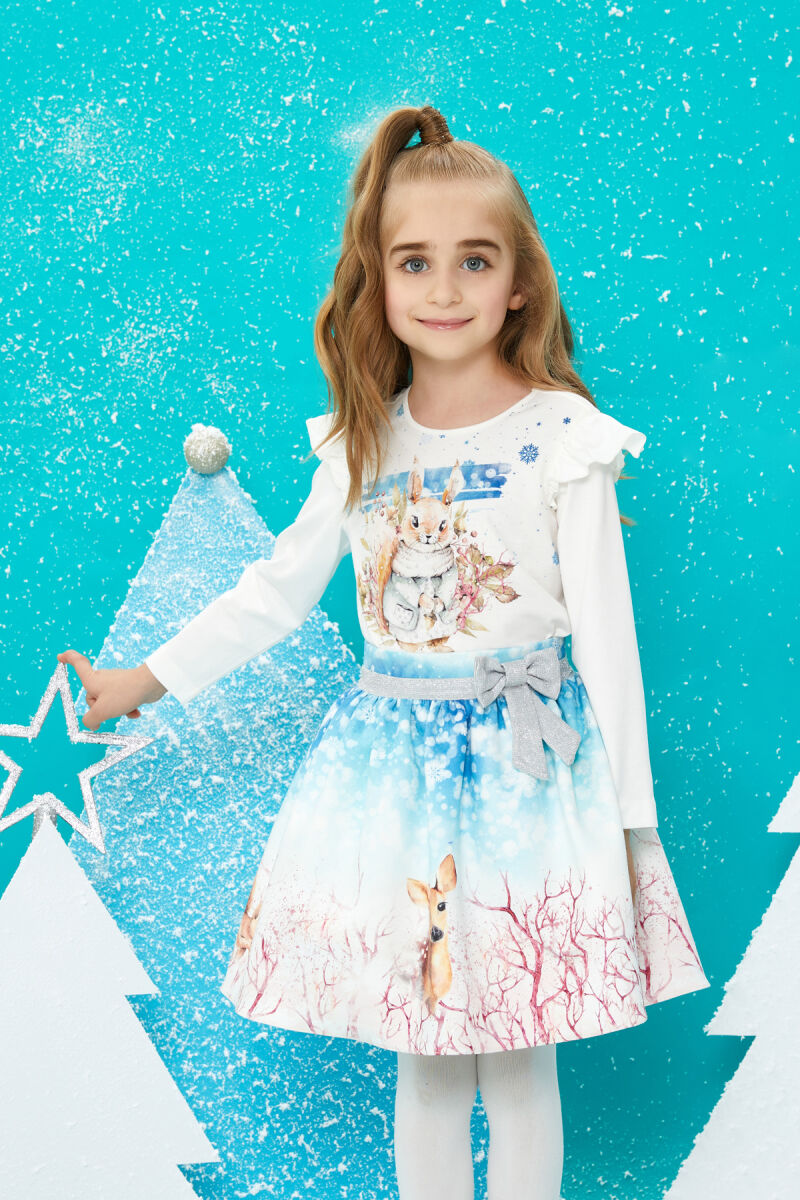 Blue Girl Suit With Printed Long Sleeved T-shirt and Skirt 1-5 AGE 320402CA - 1