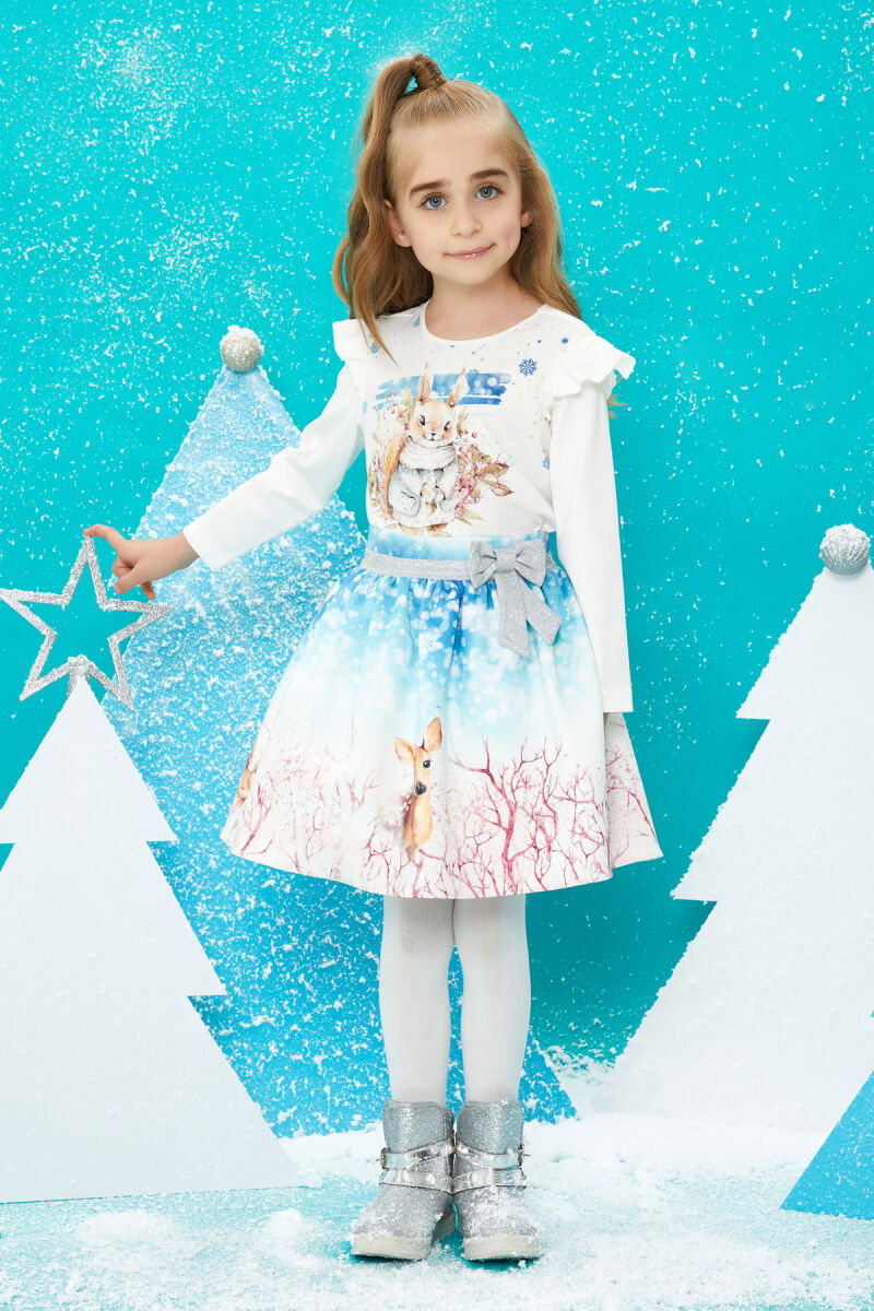 Blue Girl Suit With Printed Long Sleeved T-shirt and Skirt 1-5 AGE 320402CA - 2