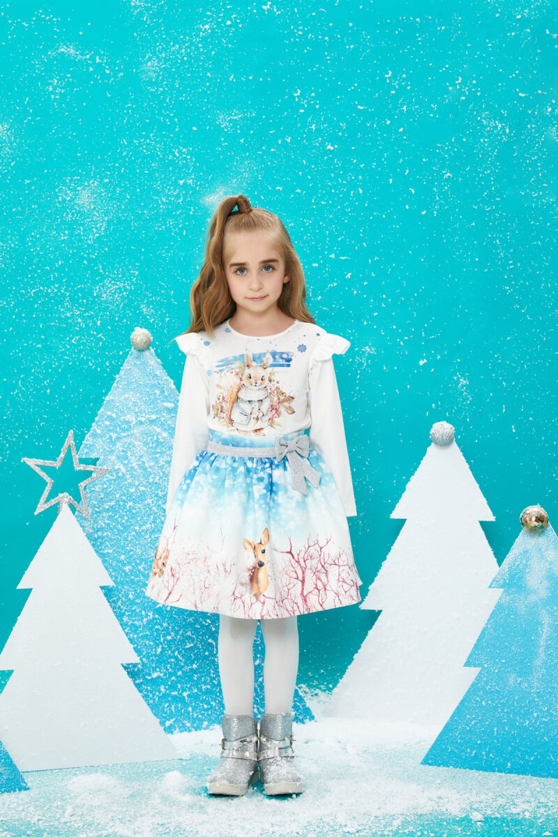 Blue Girl Suit With Printed Long Sleeved T-shirt and Skirt 1-5 AGE 320402CA - 3