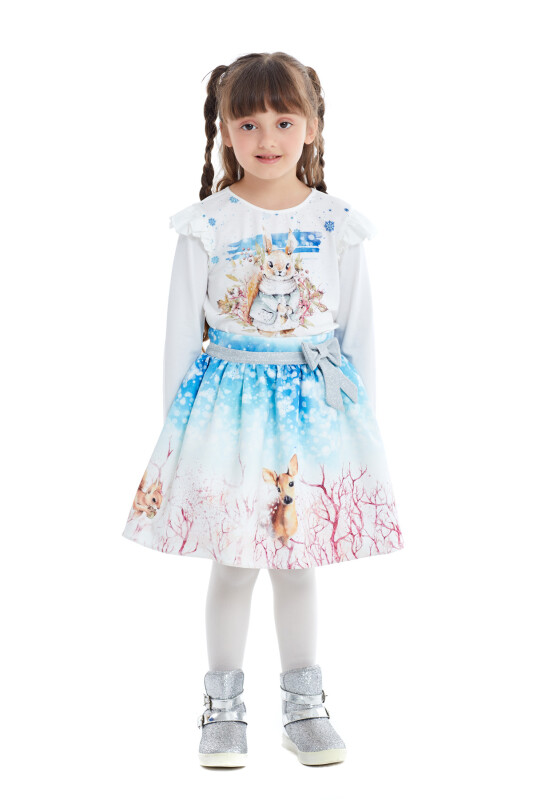 Blue Girl Suit With Printed Long Sleeved T-shirt and Skirt 1-5 AGE 320402CA - 4