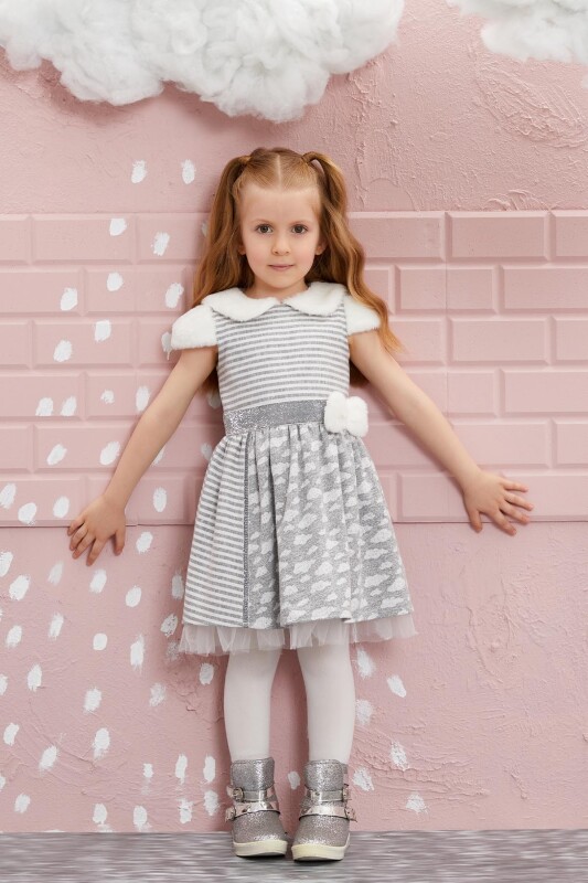 Grey Girl Fur Detailed Baby Collar Dress 1-5 AGE 320303CA - 1