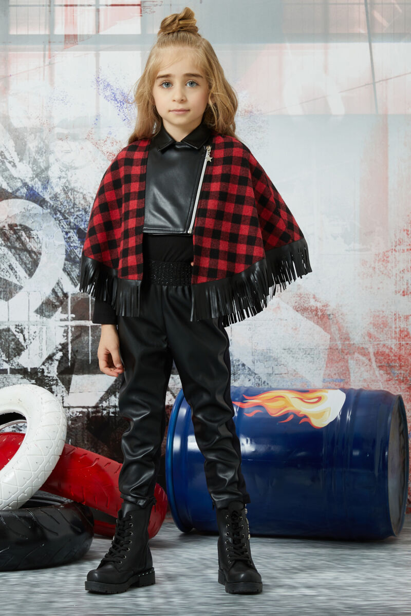 Red Girl Suit With Leather Trousers and Poncho 4-8 AGE 320603CA - 1