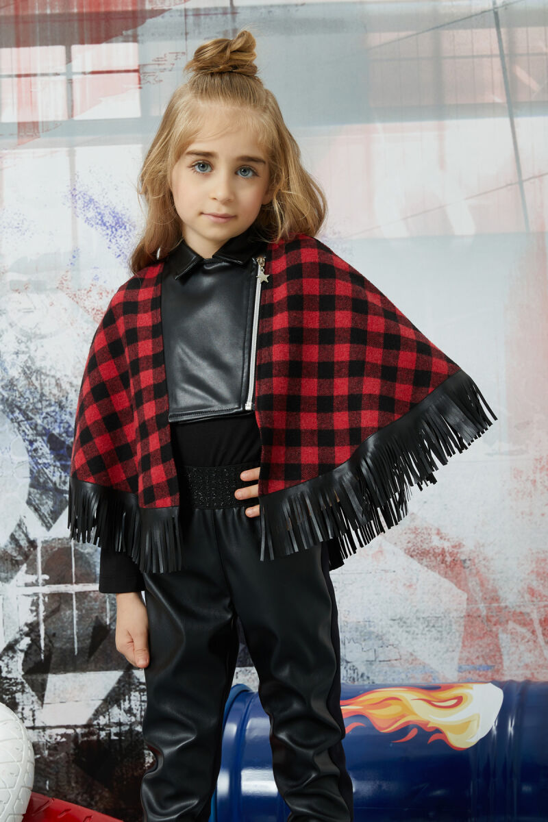 Red Girl Suit With Leather Trousers and Poncho 4-8 AGE 320603CA - 3