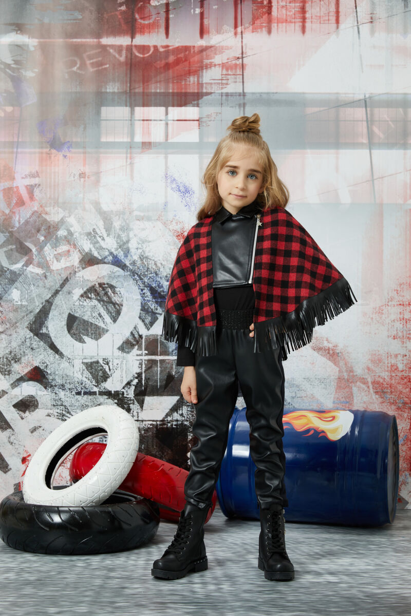 Red Girl Suit With Leather Trousers and Poncho 4-8 AGE 320603CA - 4