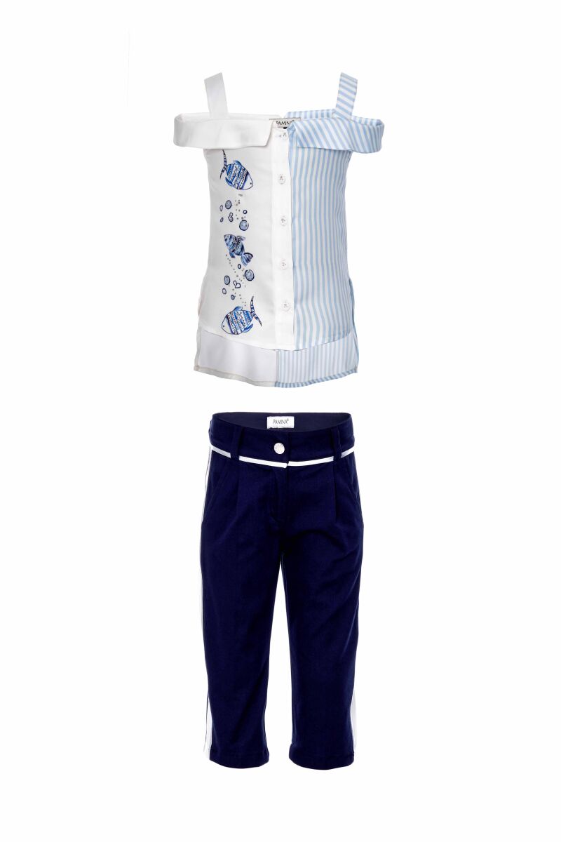 Navy Girl Fish Printed Suit wWith Blouse And Capri Pants 2-6 AGE 310306CA - 1