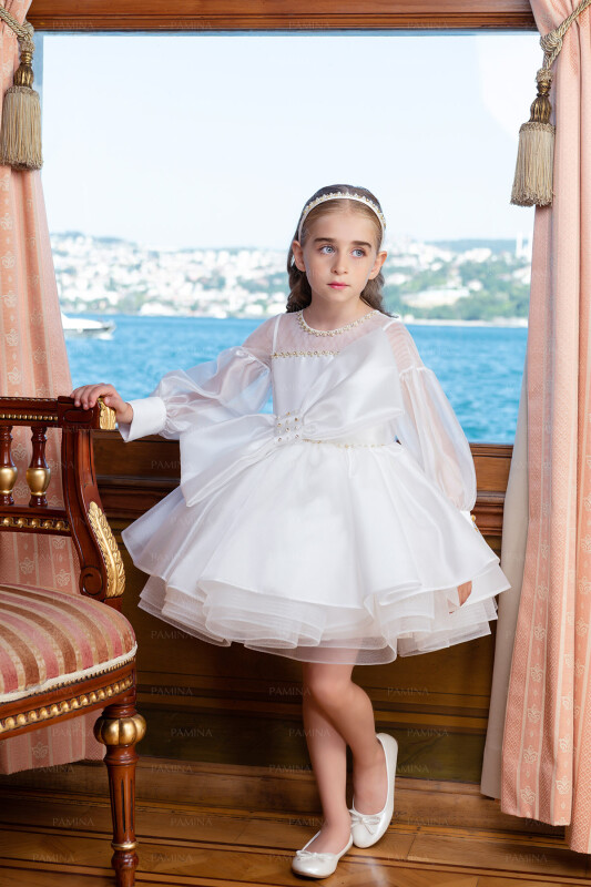 Ecru Tulle Sleeve Dress 4-8 AGE 33034PR - 2