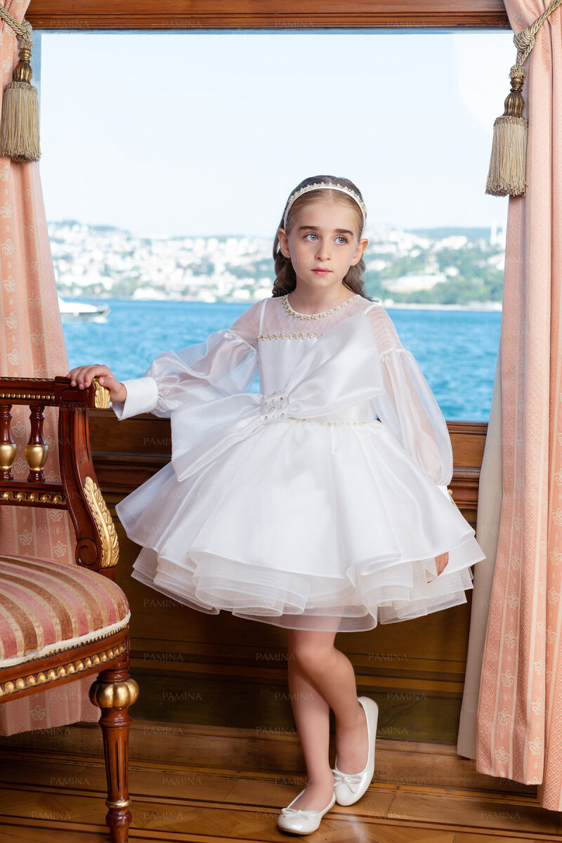 Ecru Tulle Sleeve Dress 4-8 AGE 33034PR - 2