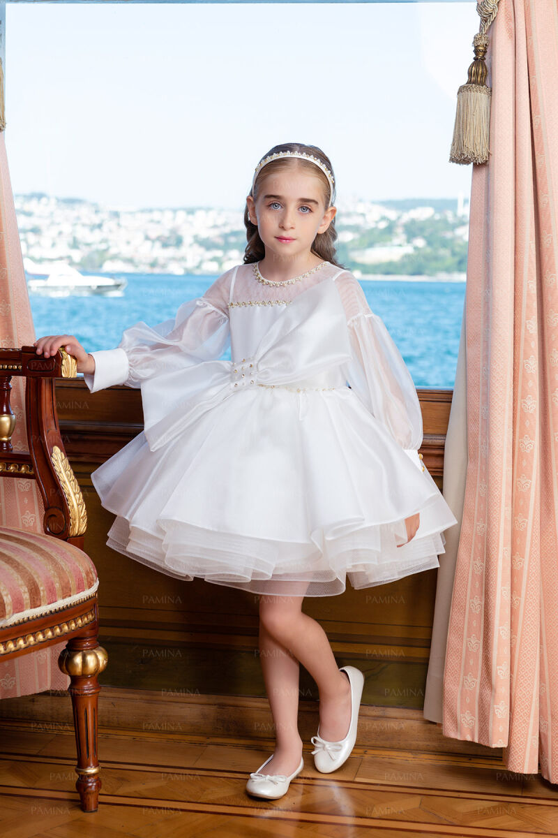 Ecru Tulle Sleeve Dress 4-8 AGE 33034PR - 3