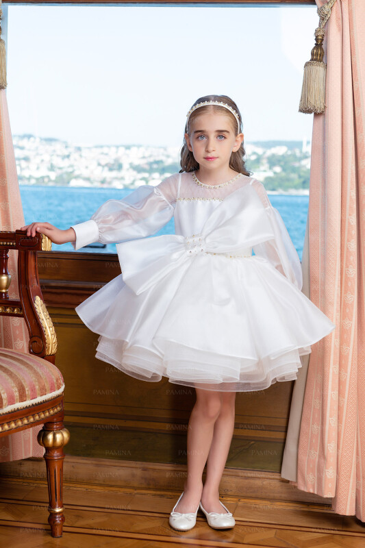 Ecru Tulle Sleeve Dress 4-8 AGE 33034PR - 4