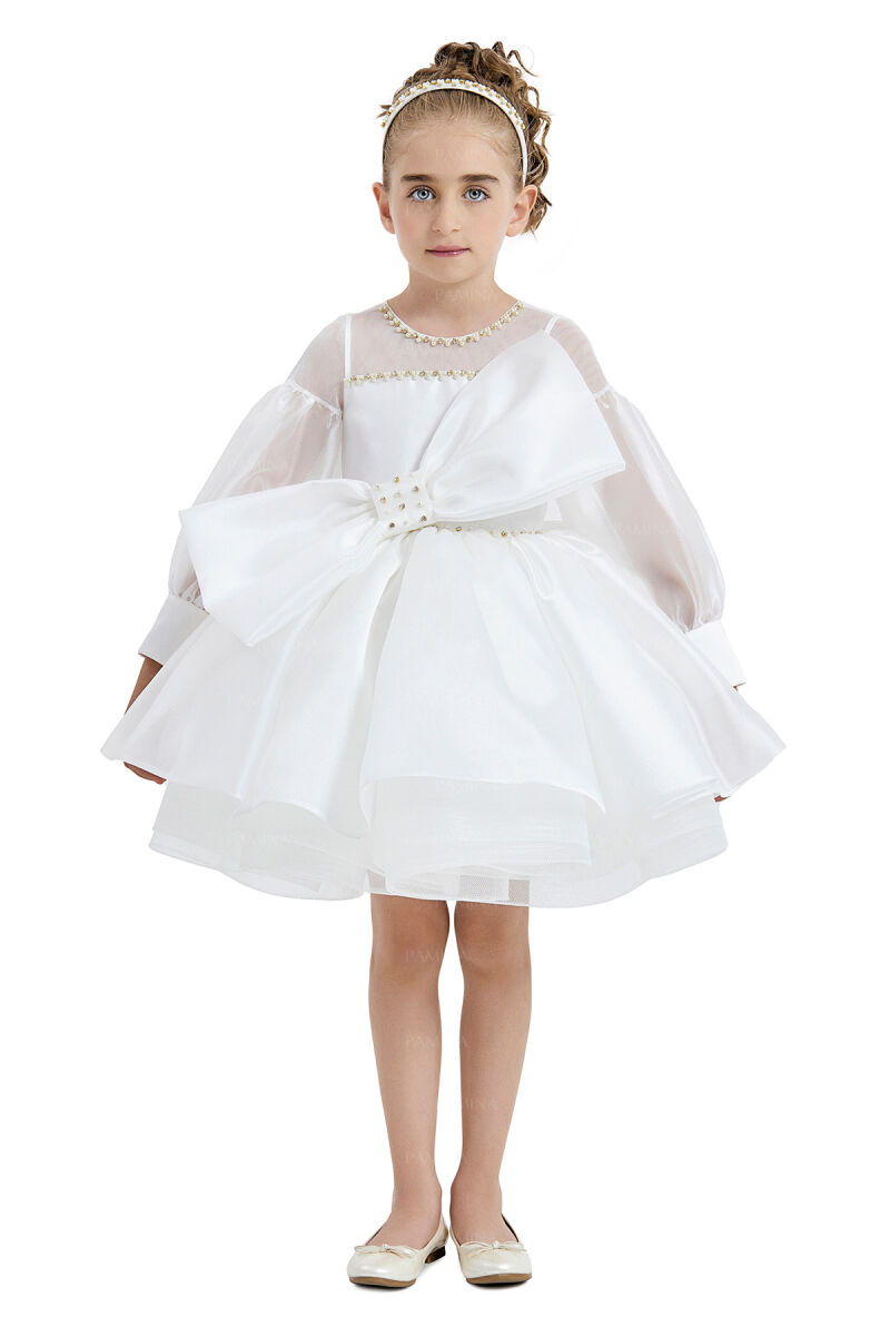 Ecru Tulle Sleeve Dress 4-8 AGE 33034PR - 5
