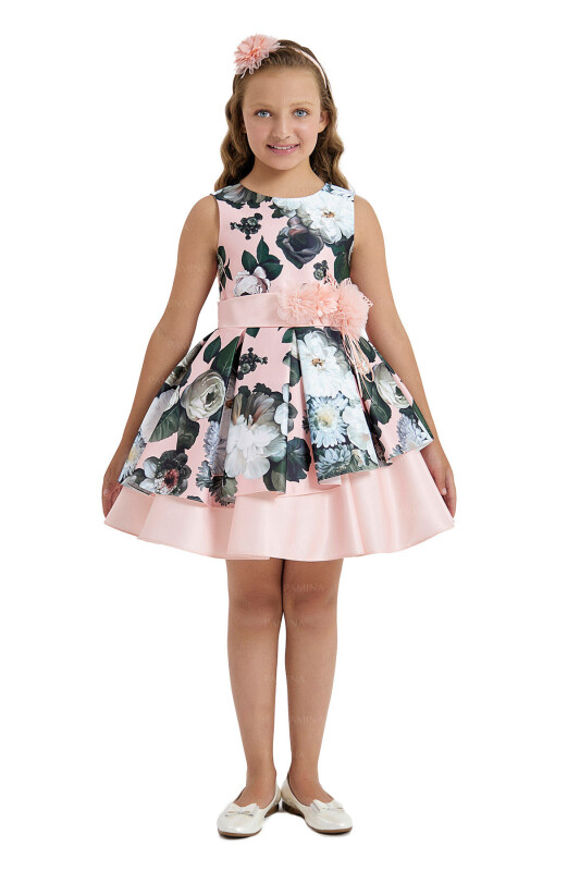 Salmon Flowery Satin Dress 8-12 AGE 33091PR - 1