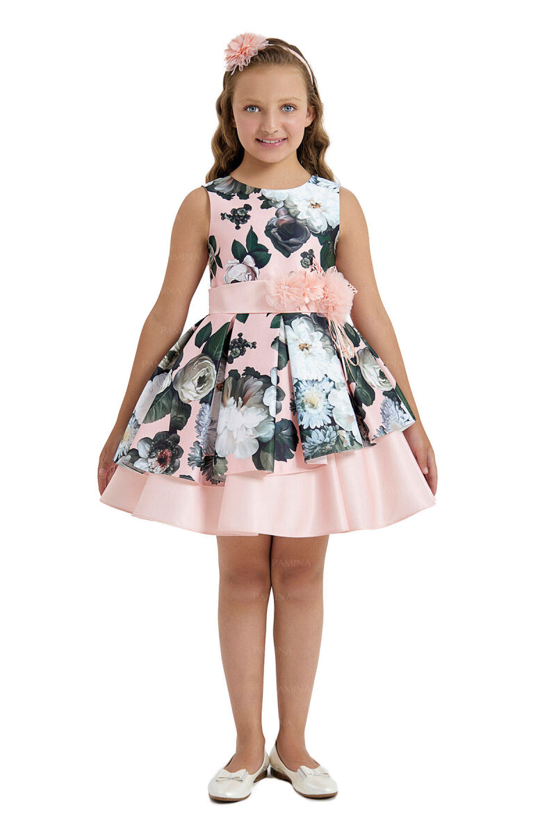 Salmon Flowery Satin Dress 8-12 AGE 33091PR - 1