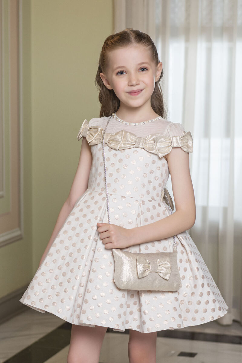 Beige Spotted dress for girls 4-8 AGE 33175PR - 1