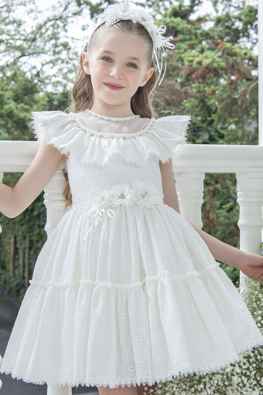 Ecru Ruffled Dress for Girls 4-8 AGE 33328PR - 4
