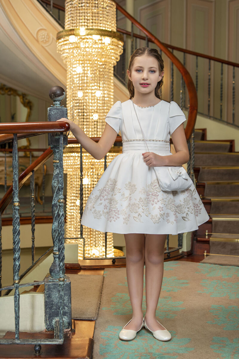 Gold Short-sleeved dress for girls 4-8 AGE 33239PR - 3