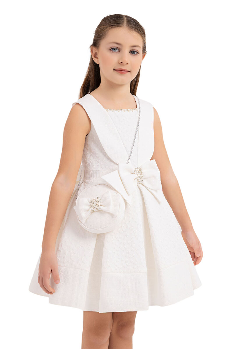Ecru Scarf-collared dress for girls 4-8 AGE 33317PR - 3